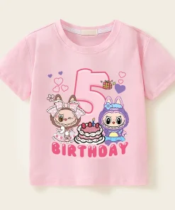 Labubu Birthday T Shirt Girl Short Sleeve Number Tees Cartoon Print Baby Cotton Tops Cute Toddler T-shirts Summer Kids Clothes