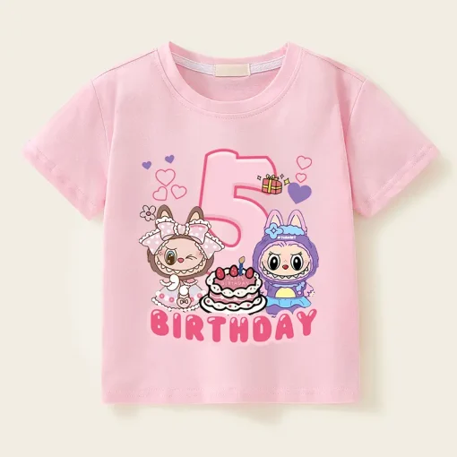 Labubu Birthday T Shirt Girl Short Sleeve Number Tees Cartoon Print Baby Cotton Tops Cute Toddler T-shirts Summer Kids Clothes