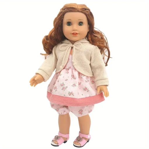 1 set of oatmeal-colored coat pink skirt and pants doll clothes for 18-inch (45.7cm) doll girls. Suitable for American dolls