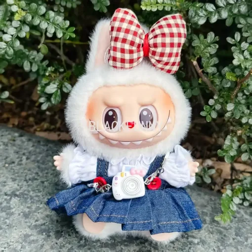 Ropa Labubu 17cm Doll Clothes Set Red Bow Hairband and Denim Skirt Fashion Outfit