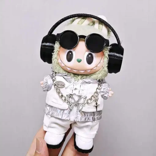 옷만 17cm Labubu 인형 옷 실버 가짜 투피스 세트 윈드 브레이커 및 신발 세트 17cm Labubu 귀여운 패셔너블하고 트렌디
