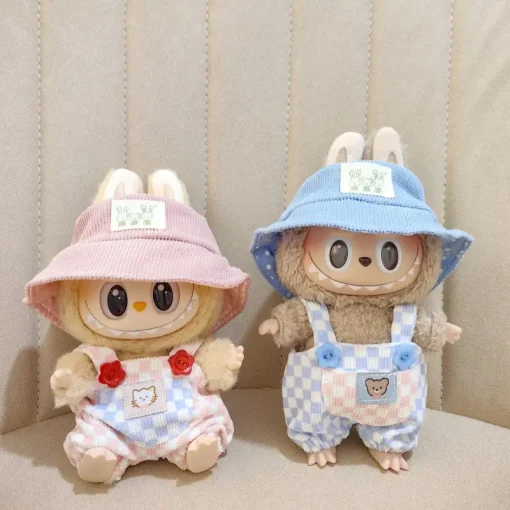 Blind Box New  17cm Fabric Clothes  Checkered Overhang Pants  Rubber-Coated Labubu Sitting Second -Generation Kids' Clothes