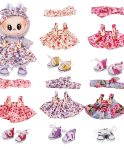 2pcs Flower skirt with hair accessories+3.8Cm Doll Shoes High top lace up Sneakers For 17cm labubu Doll Keychain Doll Clothes