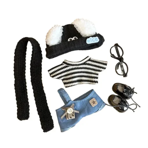 Fashion Clothes Set For 17cm Labubu V1 V2  Dog hat Denim strap Striped Inside Labubu Designer Clothes Labubu Ropa