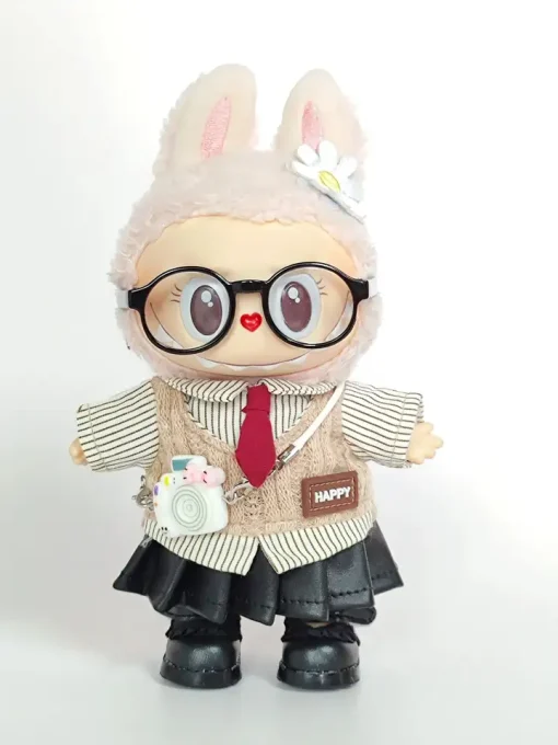 Sweet & Cool Outfit for 15cm Labubu Dolls! Campus Shirt + Punk Leather Skirt + Photographer Shoes - Complete Stylish Set
