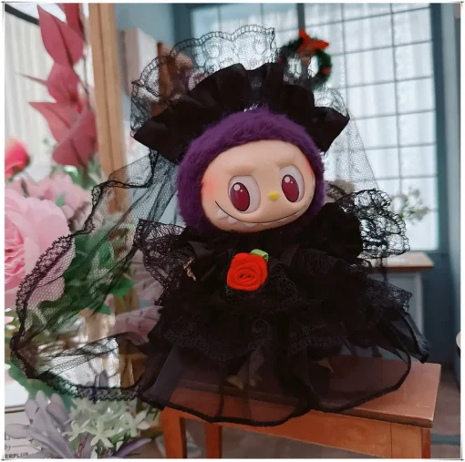 Labubu Clothes Black Wedding Dress For 15-17cm Mini Labubu Doll Decoration Accessories Fans Gift