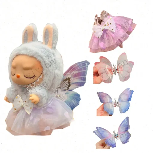 Mini Doll'S Clothes Outfit Accessories For 15cm Labubu V2 Love bow princess gauze skirt will move butterfly hairpin Clothing