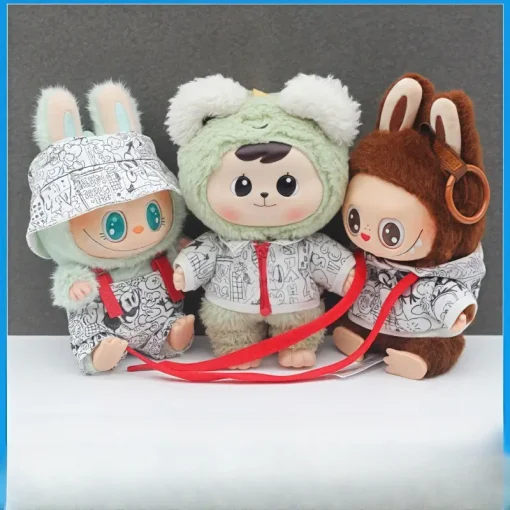 17cm Labubu V1/V2 Doll Clothes Set Printed Graffiti Hoodie Set With Fisherman Hat And Strap Pants For Ropa Labubu