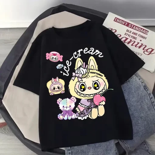 Labubu Original Children T-shirt Boy Girl Kawaii Anime Pattern Short Sleeve Summer Trendy Casual Tee Top Kid Labubu Clothes Gift