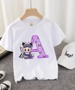 Labubu Kuromi Kids T-shirt Cute Letter A-Z Anime Print Cotton Girl Tee Shirt Y2K Trend Streetwear Casual Clothes Kawaii Gift Hot