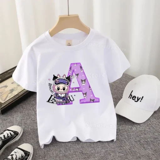 Labubu Kuromi Kids T-shirt Cute Letter A-Z Anime Print Cotton Girl Tee Shirt Y2K Trend Streetwear Casual Clothes Kawaii Gift Hot