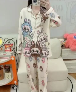 2025 New Cute Labubu Pajamas In Set Couples Long Sleeve Sleepwear Girl Home Clothes Suit Gifts Kid Wear Boys Girls Casual Suit
