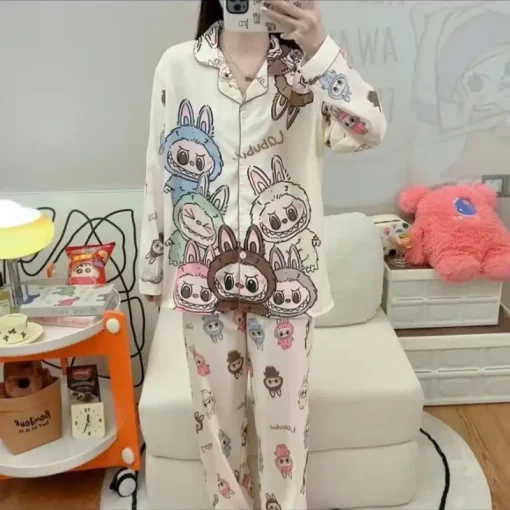 2025 New Cute Labubu Pajamas In Set Couples Long Sleeve Sleepwear Girl Home Clothes Suit Gifts Kid Wear Boys Girls Casual Suit