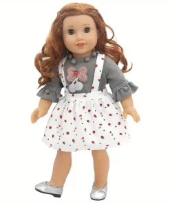 1 set of grey ball top and strawberry strappy dress doll clothes for 18-inch (45.7cm) doll girls. Suitable for American dolls