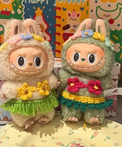 Labubu Clothes 15/17cm V1 V2 V3 Doll Mini Plush Doll Hawaiian Style Bikini Grass Skirt Hair Band 3PCS/Pack Swimsuit Accessories