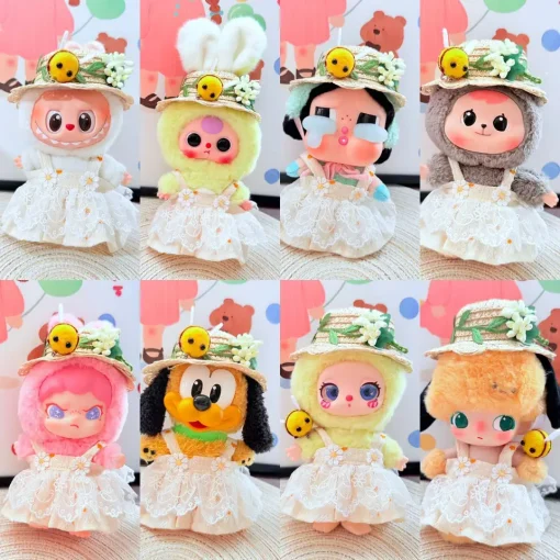 Cute Plush Dolls Clothes for Labubu I II Korea Style Fluffy Daisy straw Hat Suit Dress Flower Hat Suit for Ladbubu Crybaby