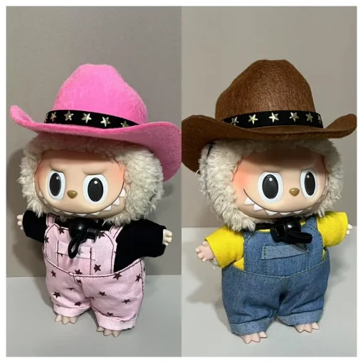 New 17cm Labubu western cowboy Series Baby Clothes exciting macaron Doll Only Clothes kawaii Suspenders casual clothes