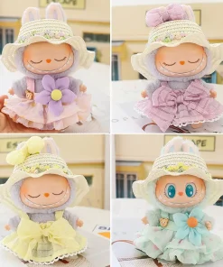 Labubu Doll Clothes Summer Straw Hat Skirt 17cm Plush Doll Clothes Labubu I II Idol Doll Sitting Party Accessories