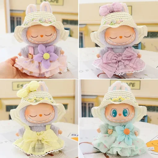 Labubu Doll Clothes Summer Straw Hat Skirt 17cm Plush Doll Clothes Labubu I II Idol Doll Sitting Party Accessories
