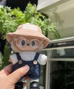 17cm Labubu Pure White T Denim Overalls Suit And Khaki Hat Series Simple Casual Baby Changing Clothes Doll Pendant Birthday Kids