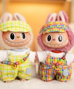 Labubu Doll Fashion Set Kawaii White Shirt Hat Necklace Animal Lattice Overalls Doll Clothes Accessory Gift For 17cm Doll