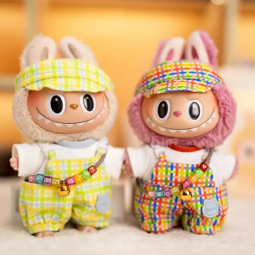 Labubu Doll Fashion Set Kawaii White Shirt Hat Necklace Animal Lattice Overalls Doll Clothes Accessory Gift For 17cm Doll