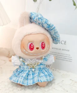 For 15cm Labubu Stylish Clothes Pink & Blue Checkered Dress Beret Set Labubu Outfit Accessories Ropa Labubu