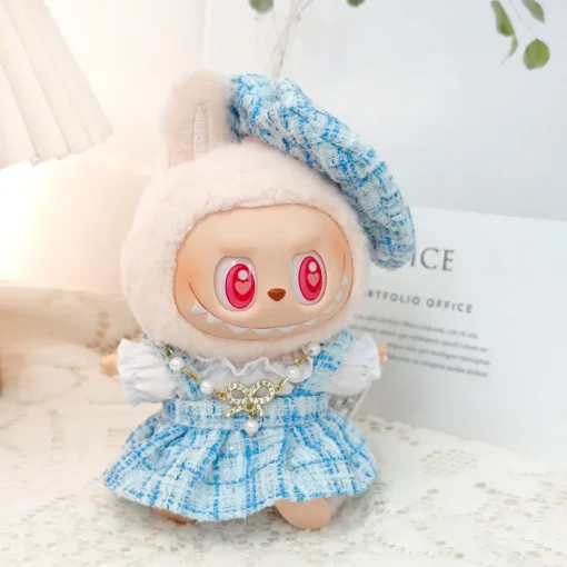 For 15cm Labubu Stylish Clothes Pink & Blue Checkered Dress Beret Set Labubu Outfit Accessories Ropa Labubu