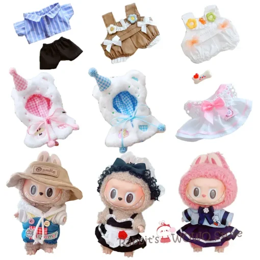 1PC 17cm Labubu Clothes Cute Mini Plush Doll's Outfit Accessories Overalls Cloak Dress Pajamas Shirt for Vinyl Dolls Fans Gift