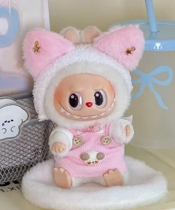 Kawaii 17cm Labubu Sitting Party Baby Clothes Cute Labubu Blind Box Series Doll Pink Blue and White Clothes Set