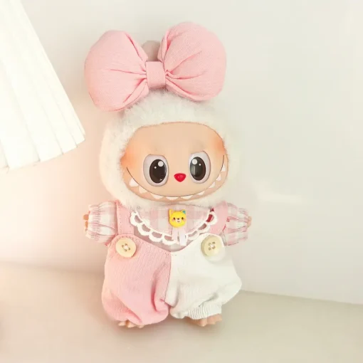 Doll Clothes For 15/17cm Labubu Plaid Shirt Jumpsuit Bow Tie Headdress 3PCS/Pack Plush Cotton Idol Doll Universal Accessories