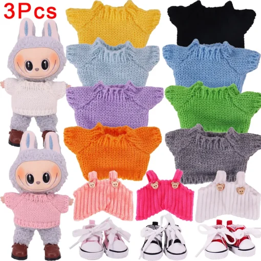Doll Sweater+Overall+Shoes 3Pcs/Set For labubu Clothes Accessories 17cm Plush Doll Cute Decoration Game Toys For Girls