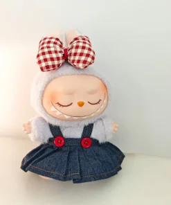 Labubu Doll Clothes & Accessories Denim Skirt With Red Bow Headband Set Trendy Outfits for Labubu Collectibles
