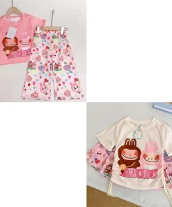 2025 New Creative Cartoon Labubu Clothes Girl Summer Short Sleeve Suit Cute Printed T-Shirt Children Wide-Leg Pants Casual Suit