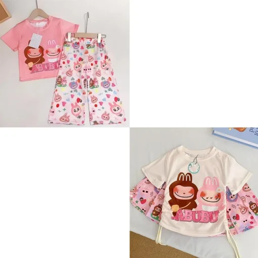 2025 New Creative Cartoon Labubu Clothes Girl Summer Short Sleeve Suit Cute Printed T-Shirt Children Wide-Leg Pants Casual Suit