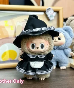Clothes Only Vinyl 15-17cm Labubu Pendant Clothes Black Check Lace Maid Skirt Labubu Baby Clothes Accessories Girl Doll Gift