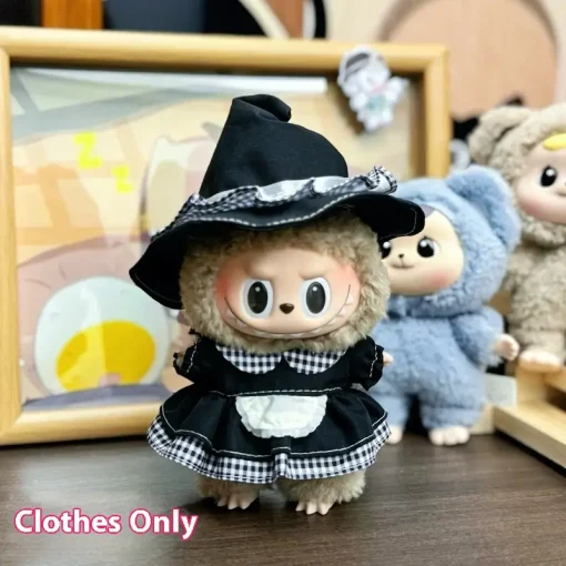 Clothes Only Vinyl 15-17cm Labubu Pendant Clothes Black Check Lace Maid Skirt Labubu Baby Clothes Accessories Girl Doll Gift