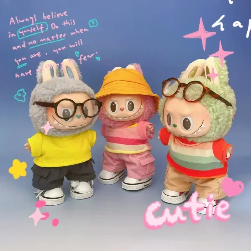 15/17cm Labubu Doll Clothes Set Striped T-shirt with Trendy Overalls Decorative Accessories For Ropa Labubu