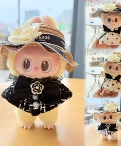 Labubu 17cm Doll's Clothes The Monster Outfit Accessories Clothing DIY Kids Gift Black Camellia Dress Shoes Hat Set FM14J