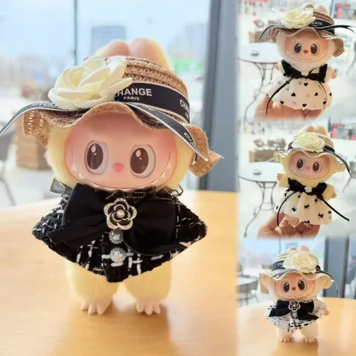 Labubu 17cm Doll's Clothes The Monster Outfit Accessories Clothing DIY Kids Gift Black Camellia Dress Shoes Hat Set FM14J