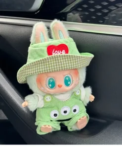 17cm Labubu Doll Green Three-Eye Conjoined Model Pink Hat Color Yellow Suit Kindergarten Baby Clothes Hanging Accessories Gifts