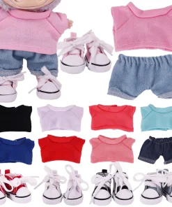 17cm labubu T-shirt+Jeans+Canvas Shoes=3 Pcs Set,Mini Plush Doll Clothes Outfit Accessories Girl‘s Toys’