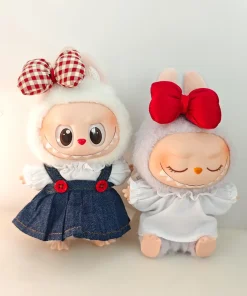 17cm Labubu Doll Clothes Denim Skirt & Red Bow Headband Set Trendy Outfit