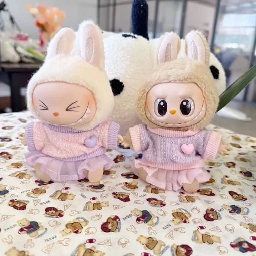 Ropa Labubu de corazón de 17cm, vestido rosa bonito de lujo de diseñador, traje de Labubu, ropa de muñeca para niña, suéter, accesorios Labubu personalizados