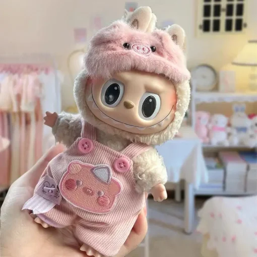 Cute Labubu Doll Doll Clothes 15cm Pink Piggy Suit Cute Doll Clothes Heart-Warming Rubber Face Rag Doll Clothes Dress Up Dolls
