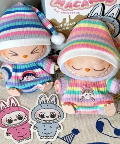 Ropa de muñecas Labubu de 17cm, Mini ropa de muñeca de peluche, accesorios de traje de monstruo, mono de invierno, pijamas de arcoíris