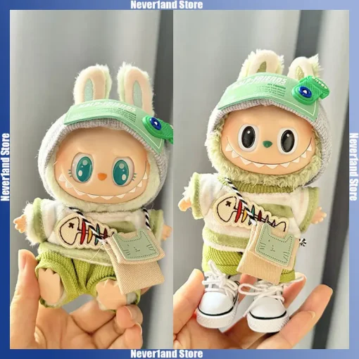 Labubu I II Idol Dolls Clothes Kawaii Green Outfit with Bag Accessories Korea Kpop Doll Clothing Mini Plush Doll Universal