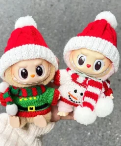 17cm baby clothes macaron sit party Christmas hairball hat clothes for labubu winter cloth sweater