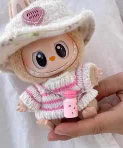3Pcs For Labubu V1 V2 Doll Clothes Fashion Pink White Striped Sweater Set  Fleece Hat kettle Sitting Party Clothing Accessories