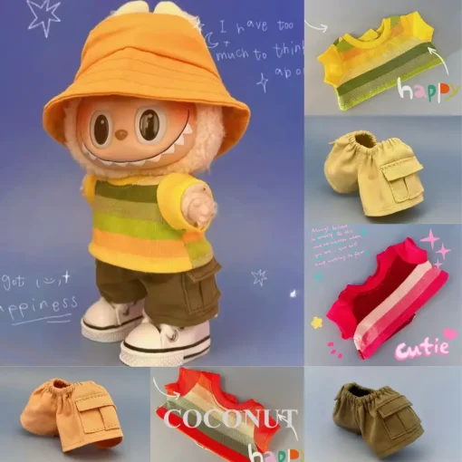 Mini Cute Clothes For 15/17cm Ropa Labubu Plush Doll Colorful Striped T-shirt Set With Cargo Pants Fashion Accessories
